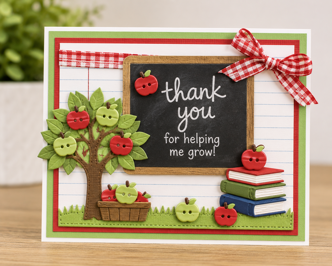 Apple Bites Tiny Buttons Teacher Thank You Card Tiny red and green apple buttons decorating a handmade teacher thank you card.