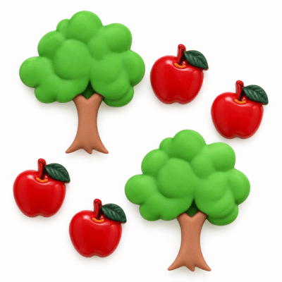 Apple Orchard Craft Button Set with two green tree embellishments and four red apple shank-back buttons