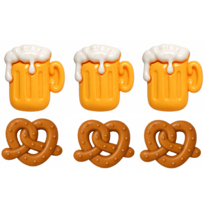 Beer and Pretzels Craft Button Set with three beer mug embellishments and three brown pretzel buttons