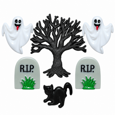 Spooky Hollow Halloween craft embellishments with ghosts tombstones tree and black cat