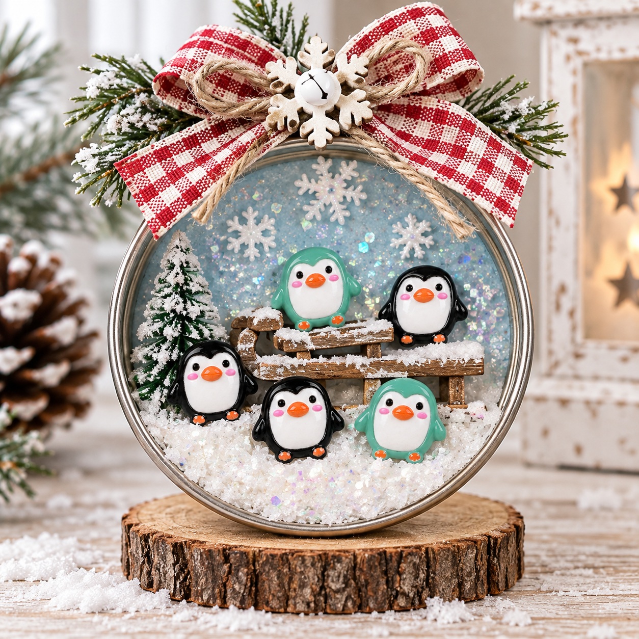Tiny Penguin Pals – Handmade Winter Penguin Ornament Handmade winter ornament featuring tiny black and mint-green penguin embellishments, snowy trees, a wooden fence and red gingham bow
